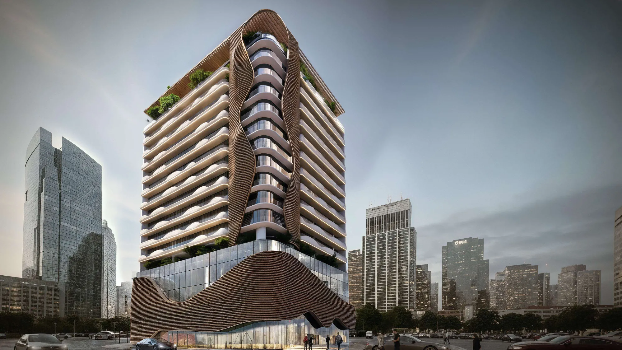 Sky Harmony tower with wave-shaped balconies and timber fins at dusk