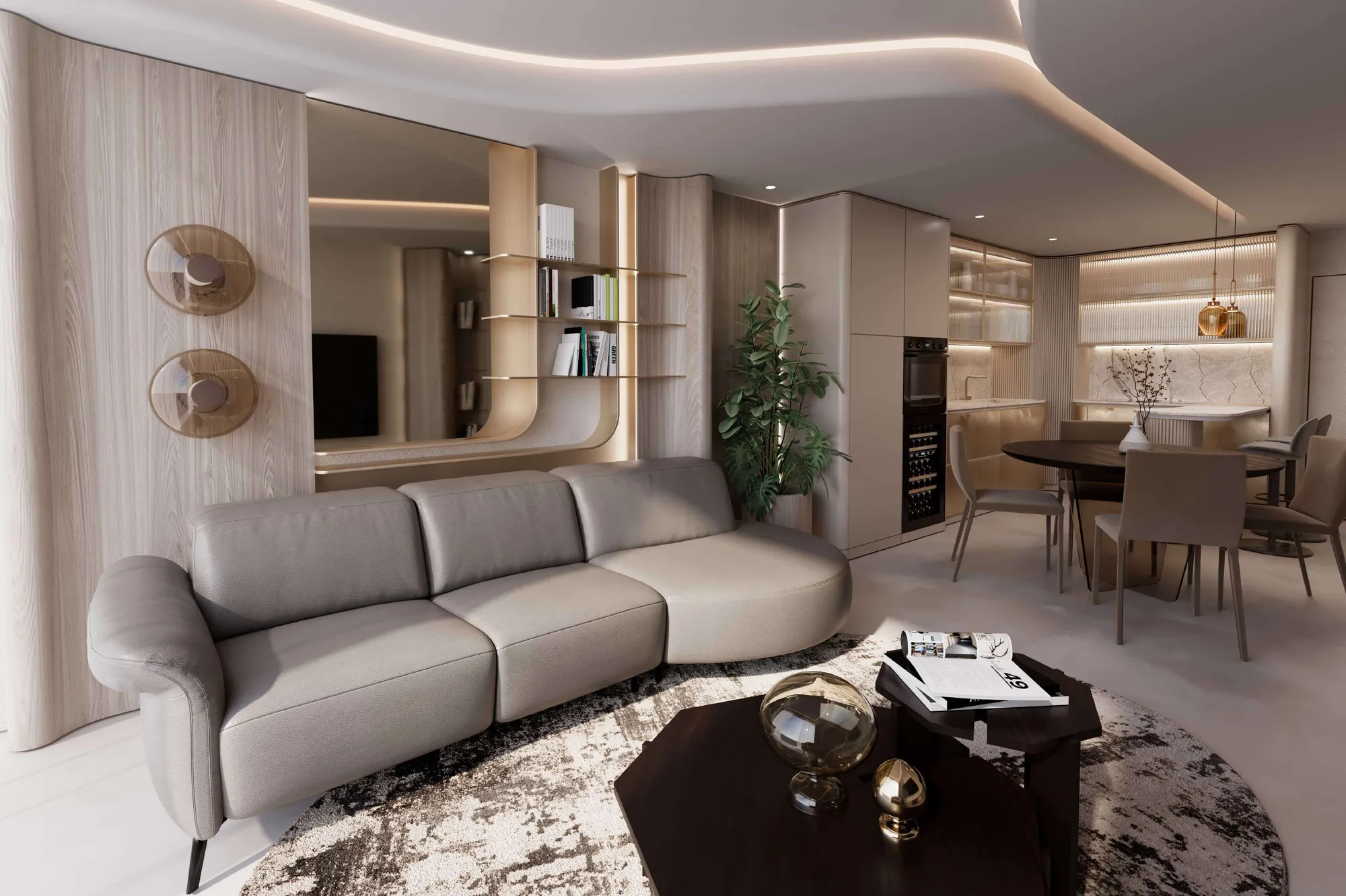 Living room with curved sofa, wood panelling and kitchen beyond