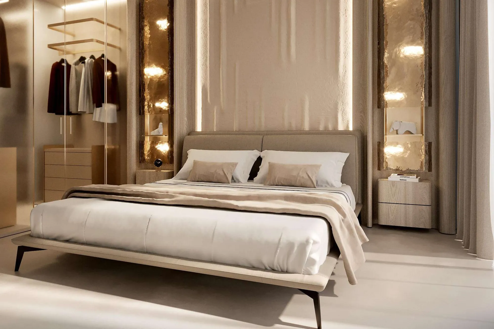 Bedroom with upholstered bed, lit wall niches and glass wardrobe
