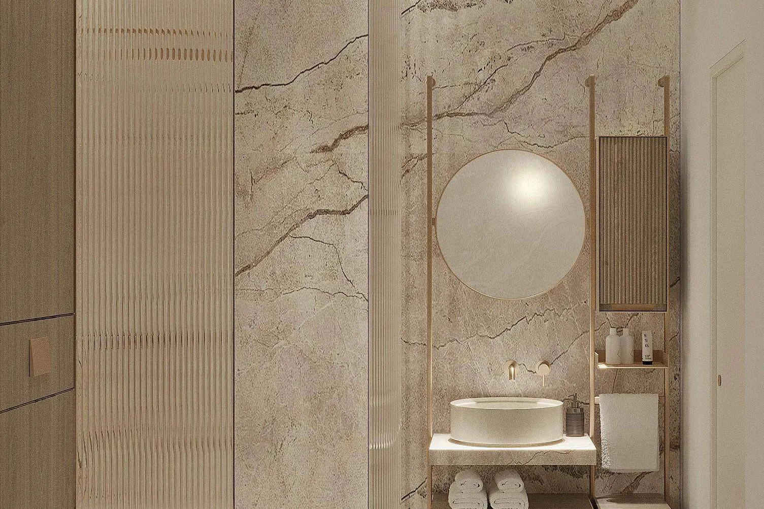Bathroom with marble walls, round mirror and fluted glass shower screen