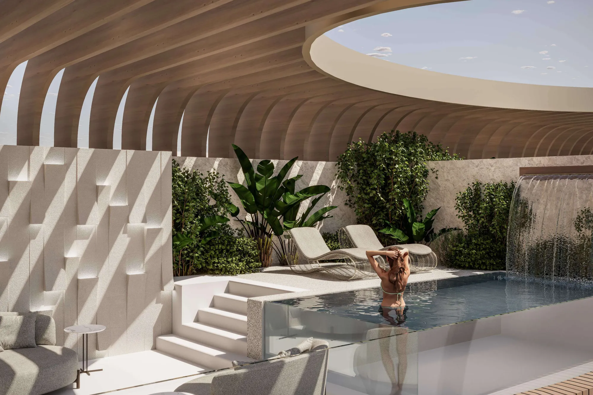 Private rooftop pool with waterfall under a curved timber pergola