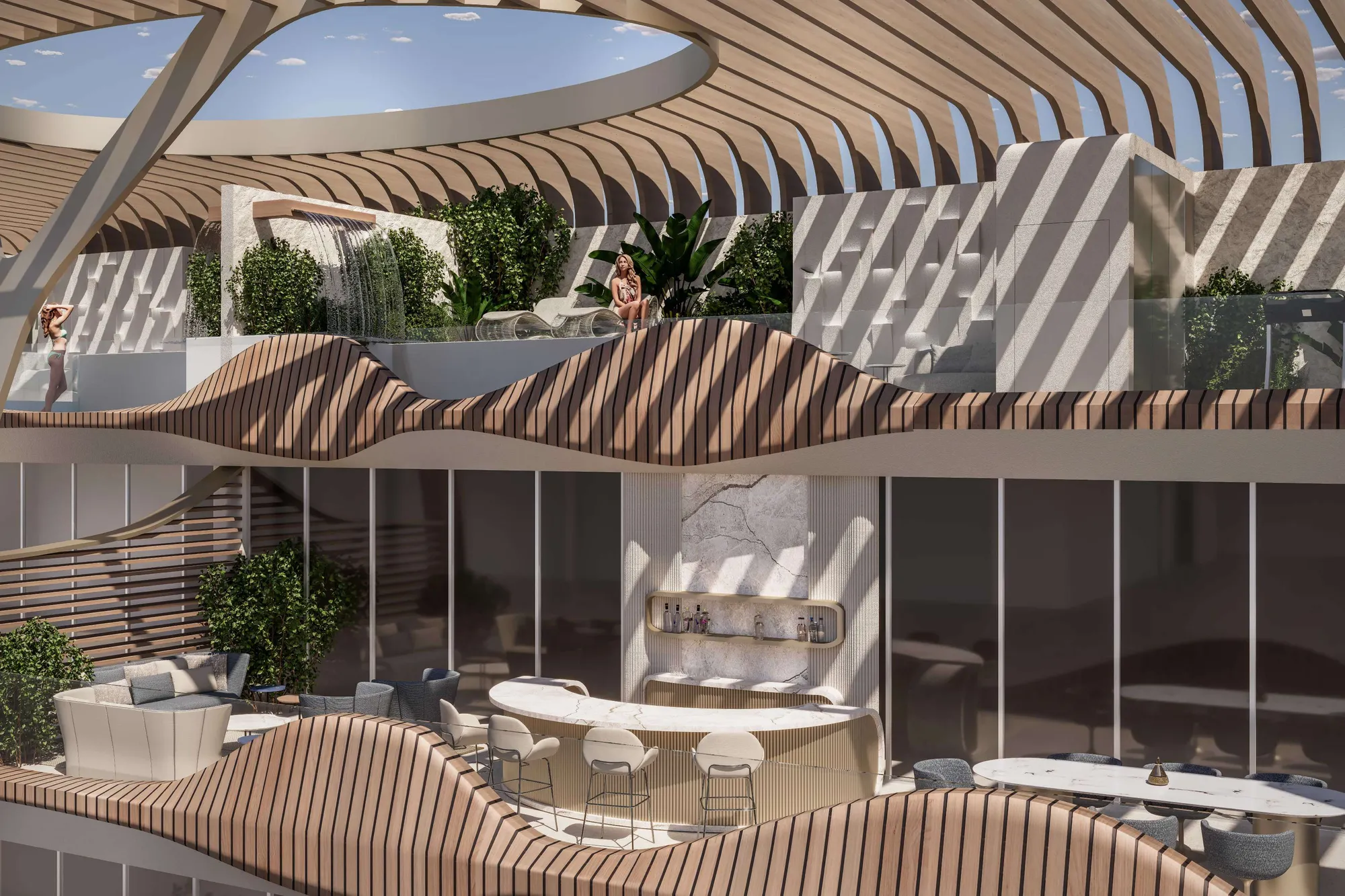 Penthouse terrace with marble bar, lounge seating and pool level above