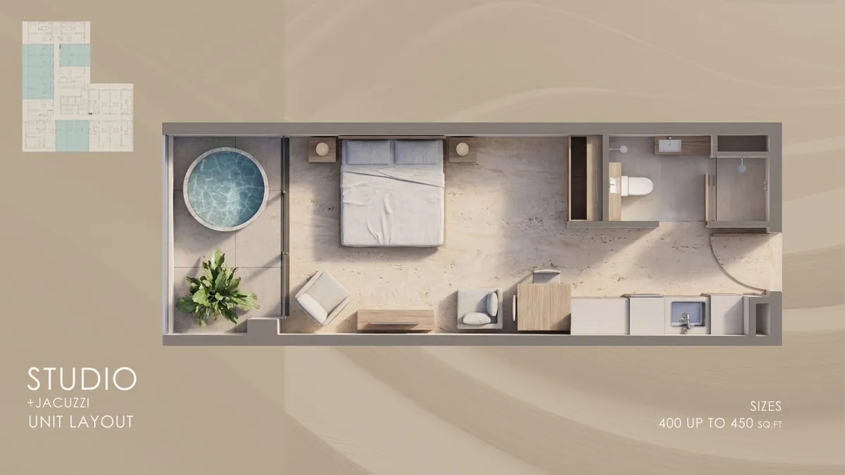 Floor plans: Studio, with a terrace jacuzzi