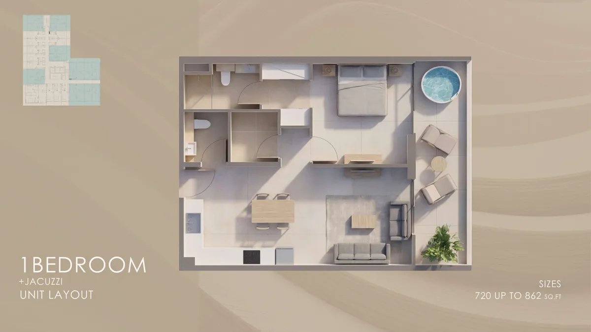 Floor plans: 1 bedroom, with a terrace jacuzzi
